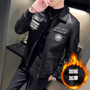 跨境外贸男士外套春秋皮衣夹克男装PU皮机车服皮衣 PY616加绒P115图片