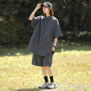 2026新套装男女同款夏季潮牌休闲百搭长城格短袖衬衫套装 C68P80图片