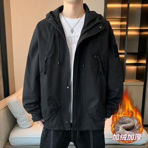 男士加绒防水夹克秋冬美宽松情侣纯色大口袋连帽防水夹克 AJ90P60图片