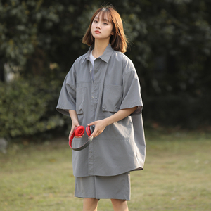 2026新套装男女同款夏季潮牌百搭休闲长城格短袖衬衫套装 C71P75图片