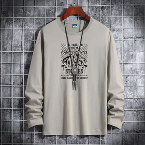 新款韩潮男士纯棉圆领长袖T恤男装大码码号标CT6887-斧头山-P18,黑色灰色搭配明星图片