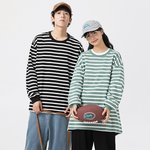 男女春秋新款港风宽松服潮牌条纹二开情侣纯棉圆领卫衣 WY2395P50图片