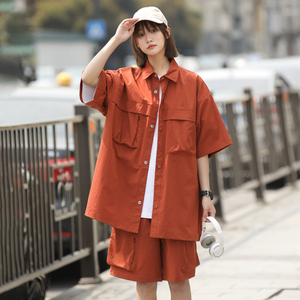 2026新套装男女同款夏季潮牌百搭休闲长城格短袖衬衫套装 C72P78图片