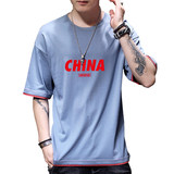 新款韩宽松短袖t恤男半袖纯棉假两件短袖T恤DT1010-红字CHINA-P20，男装T恤，星座1410（原1902A）