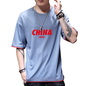 新款韩宽松短袖t恤男半袖纯棉假两件短袖T恤DT1010-红字CHINA-P20图片