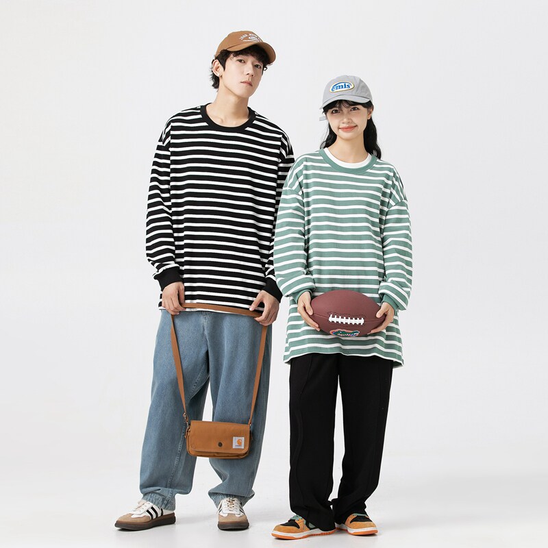男女春秋新款港风宽松服潮牌条纹二开情侣纯棉圆领卫衣WY2395P50，男装卫衣，星座1410（原1902A）