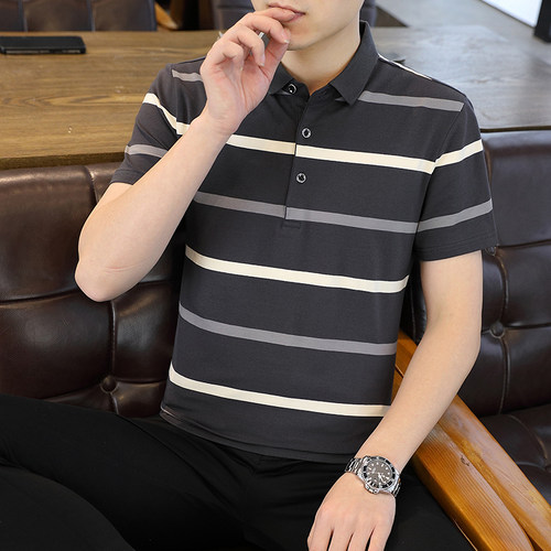 夏新款男士条纹短袖T恤全棉薄款商务翻领男装polo衫男款PL2311P36