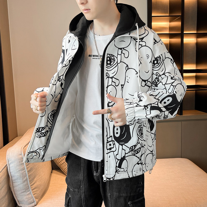 假两件连帽夹克男女同款春秋季涂鸦印花棒球服情侣夹克外套J60P72,男装夹克,星座1410（原1902A）