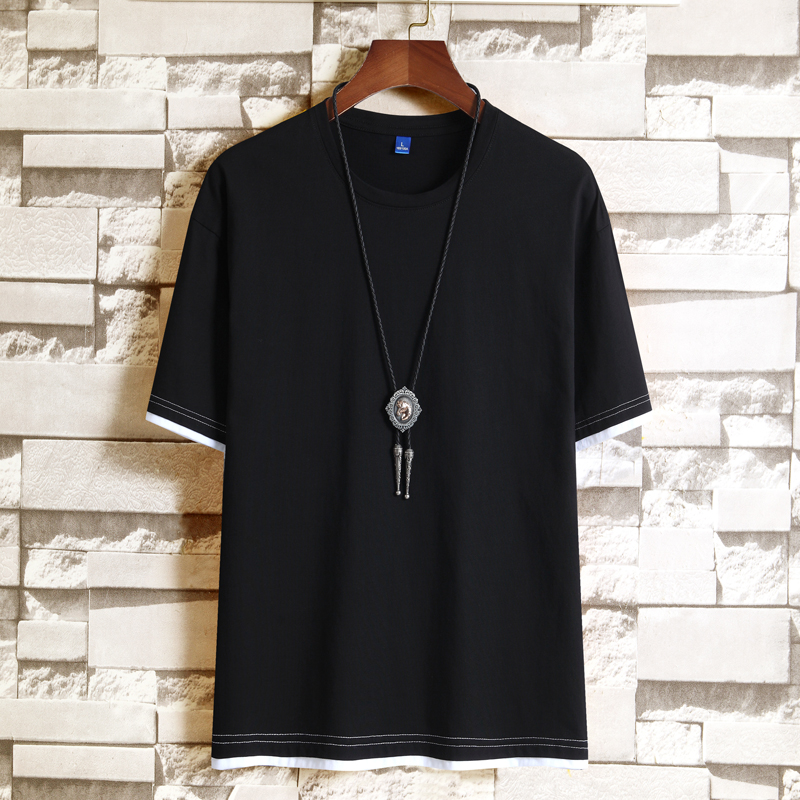 新款韩宽松短袖t恤男士半袖纯棉加肥假两件T恤DT1001-纯色-P18