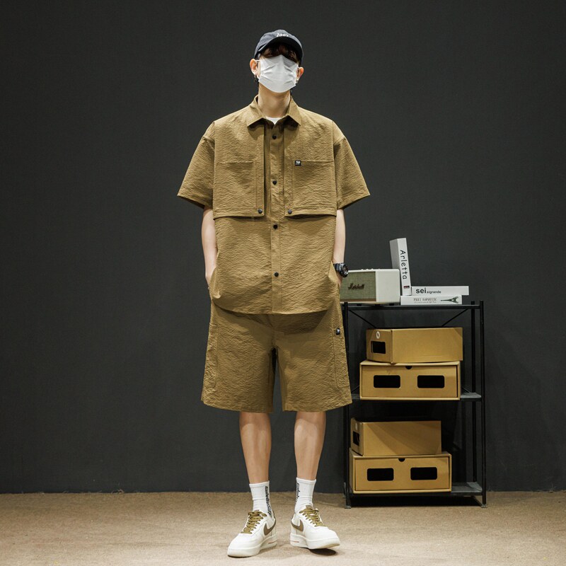 2026新款套装男女同款夏季潮牌百搭泡泡格短袖衬衫套装 C66P90图片