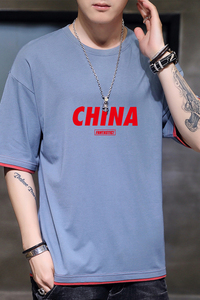 新款韩宽松短袖t恤男半袖纯棉假两件短袖T恤DT1010-红字CHINA-P20图片