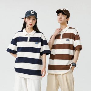 男夏季宽松服潮牌条纹港风双珠地棉短袖T恤翻领POLO衫 PL2361P40图片