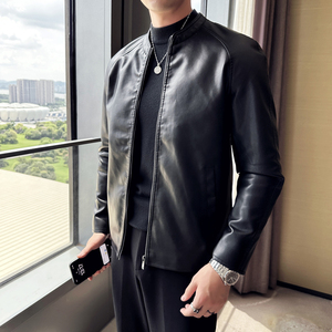 皮衣男士外套春秋季欧美风棒球领机车服PU皮夹克男皮衣 PY6805P65图片