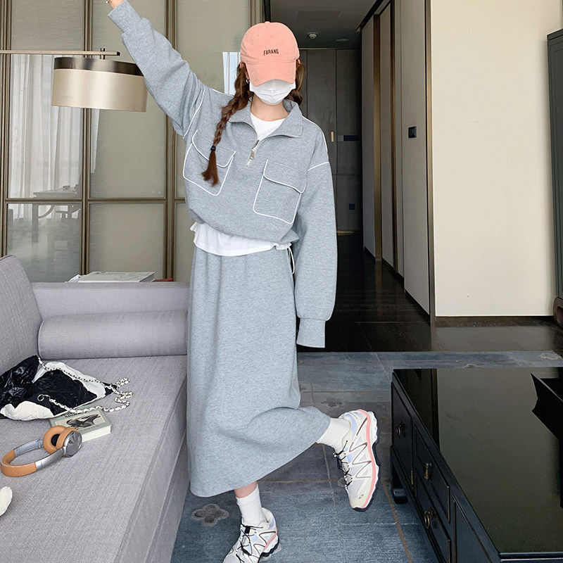 灰色卫衣套装裙女2025春秋新款慵懒风时尚休闲高级感半身裙两件套,女装套装/套裙,浙宝169A(原263)