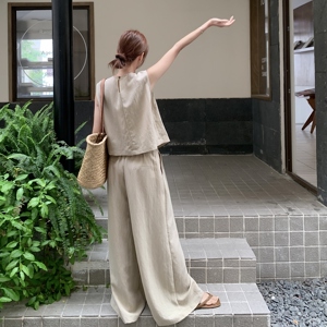 老钱风穿搭不规则无袖上衣套装女夏2025超火好看高级感长裤两件套图片