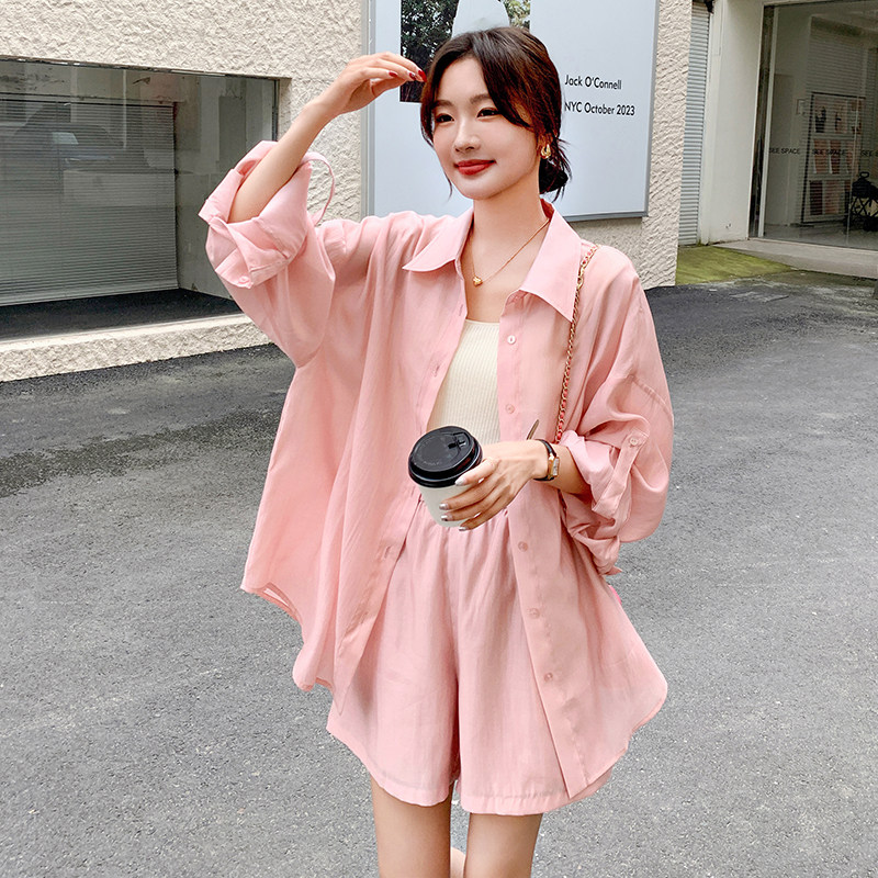 粉色防晒衣套装女2025年夏季新款时尚休闲防晒衬衫阔腿短裤两件套,女装套装/套裙,浙宝169A(原263)