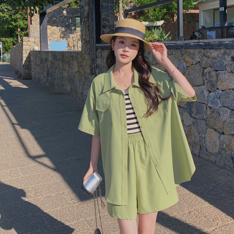 韩系宽松时尚休闲套装2025新款女夏季短袖衬衫外套阔腿短裤两件套,女装套装/套裙,浙宝169A(原263)