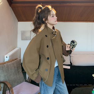 卡其色立领工装风衣外套女2025年春季新款复古高级感韩系休闲大衣图片
