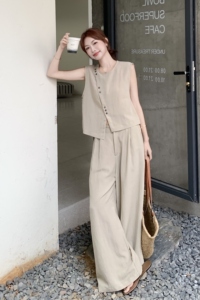 老钱风穿搭不规则无袖上衣套装女夏2025超火好看高级感长裤两件套图片