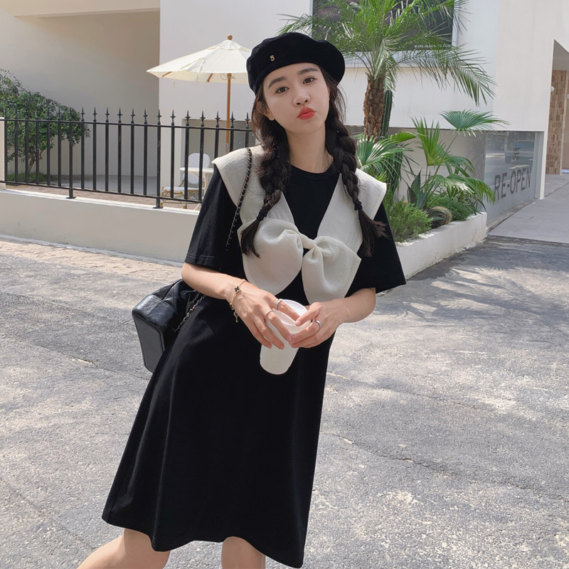 韩版学院风蝴蝶结连衣裙2025夏季休闲宽松小个子T恤裙短款显瘦,女装连衣裙,浙宝169A(原263)