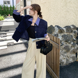 藏青色复古拼接小香风短外套女2025春秋季新款法式小个子显瘦上衣，女装套装/套裙，浙宝169A(原263)