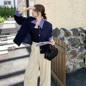 藏青色复古拼接小香风短外套女2025春秋季新款法式小个子显瘦上衣图片