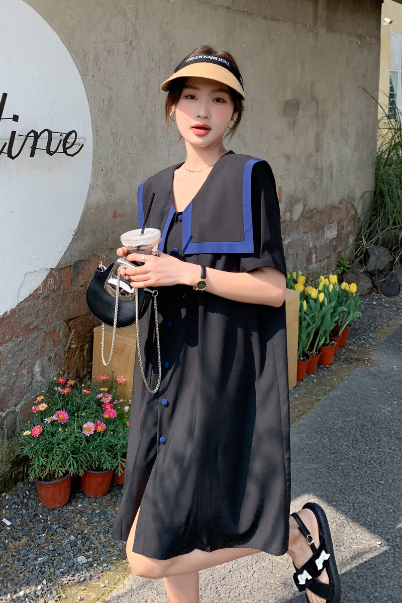 黑色海军领连衣裙女夏季2025年新款韩版宽松微胖女生初恋衬衫裙子,女装连衣裙,浙宝169A(原263)