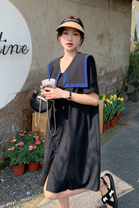 黑色海军领连衣裙女夏季2025年新款韩版宽松微胖女生初恋衬衫裙子图片