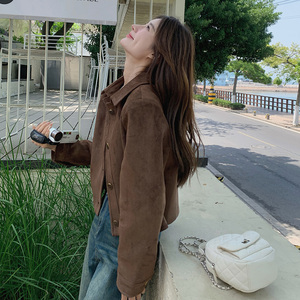 单排扣法式女常规宽松型短外套设计感ins火龙果色春秋小个子短款图片