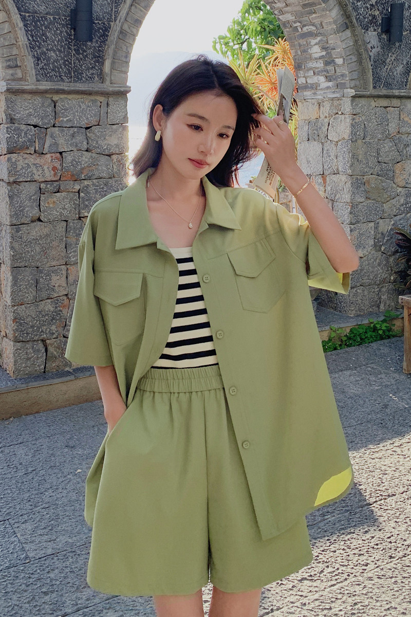 绿色休闲外套阔腿裤减龄套装女夏2025新款薄款宽松上衣短裤两件套,女装套装/套裙,浙宝169A(原263)
