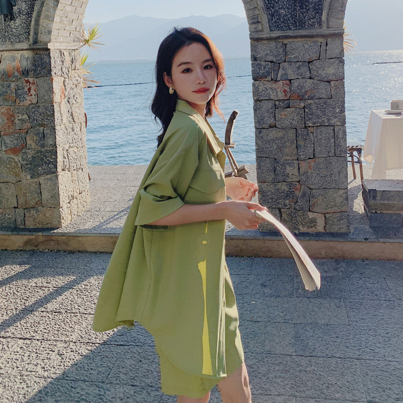 韩系宽松时尚休闲套装2025新款女夏季短袖衬衫外套阔腿短裤两件套,女装套装/套裙,浙宝169A(原263)