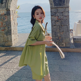 韩系宽松时尚休闲套装2025新款女夏季短袖衬衫外套阔腿短裤两件套，女装套装/套裙，浙宝169A(原263)