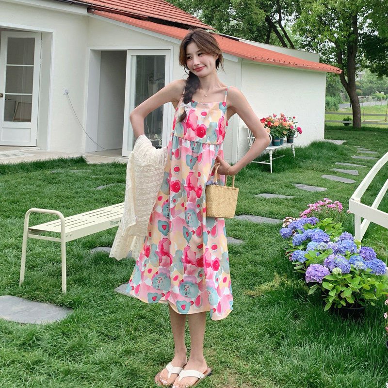 多巴胺印花吊带连衣裙女夏2025新款蕾丝罩衫搭配海边度假长裙,女装连衣裙,浙宝169A(原263)