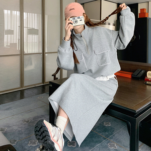 灰色卫衣套装裙女2025春秋新款慵懒风时尚休闲高级感半身裙两件套图片
