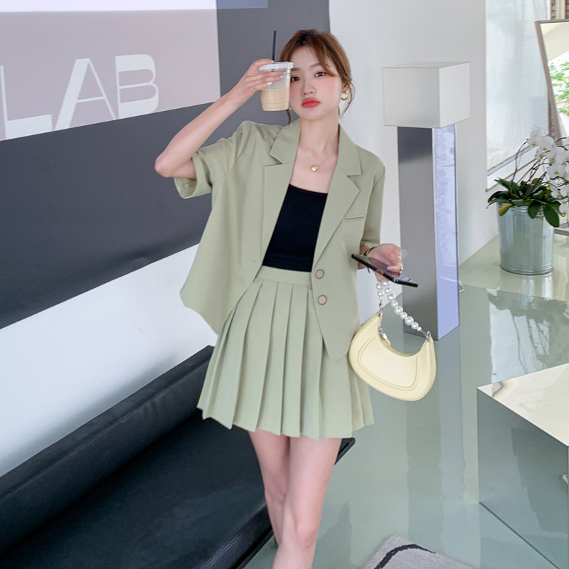 chic减龄百褶裙西装套装女夏2024新款小个子高级感森系小清新炸街,女装套装/套裙,浙宝169A(原263)