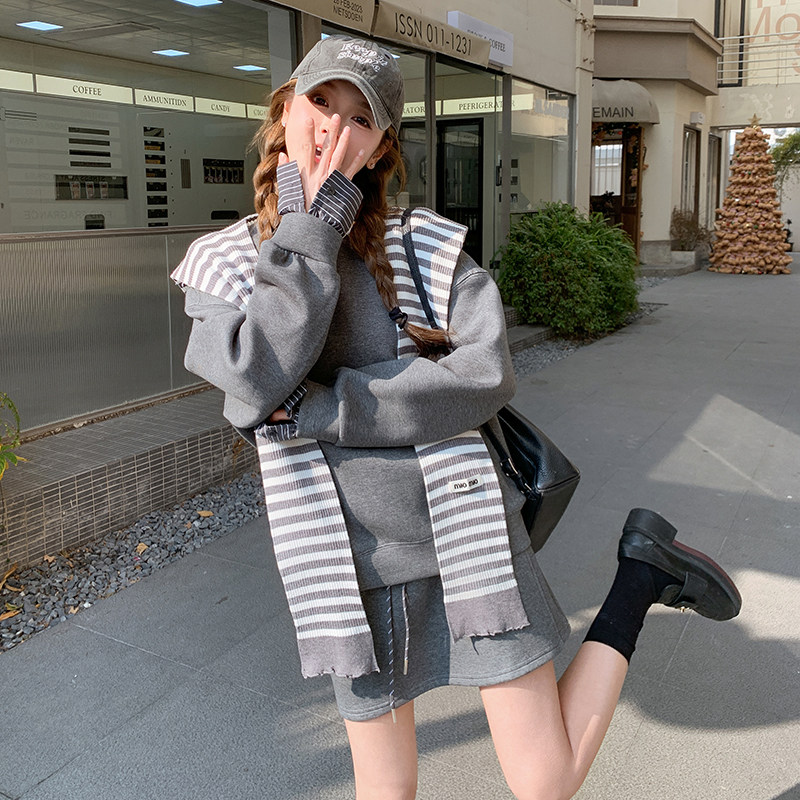 灰色条纹披肩卫衣套装裙女2025春季新款慵懒风松弛感半身裙两件套,女装套装/套裙,浙宝169A(原263)