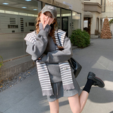 灰色条纹披肩卫衣套装裙女2025春季新款慵懒风松弛感半身裙两件套，女装套装/套裙，浙宝169A(原263)