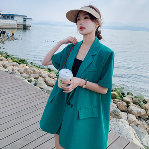 绿色短袖西装套装女2025年夏季新款韩系高级感御姐炸街气质两件套图片