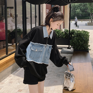 【新品】169-Q04-P120牛仔拼接宽松卫衣-控178图片