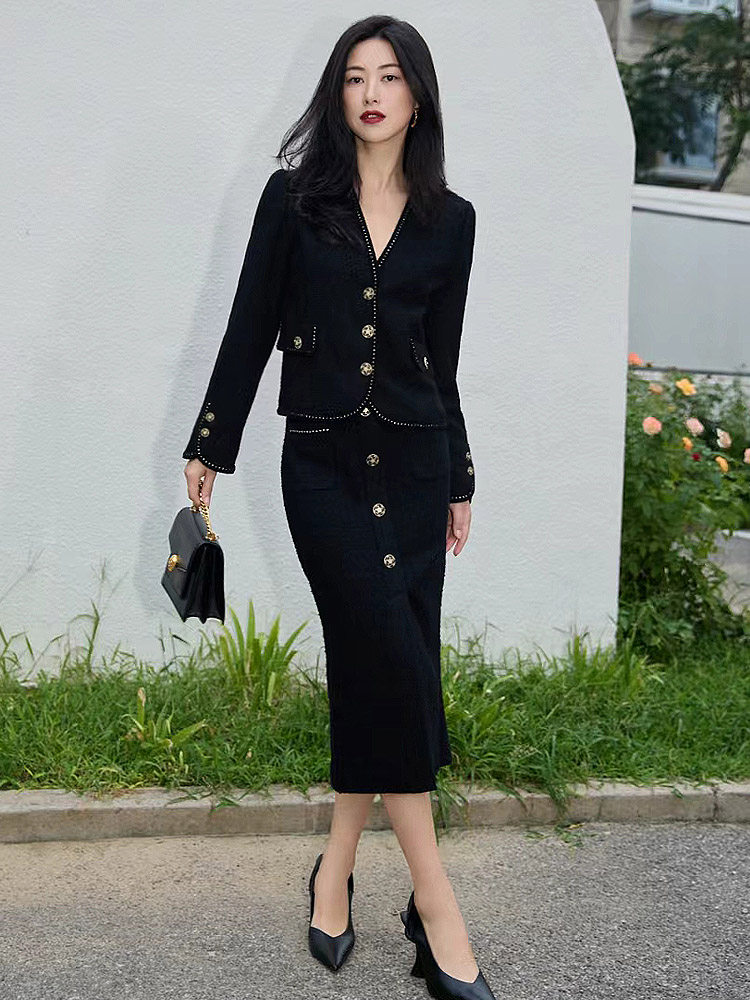 欧代朱珠明星同款黑色小香风粗花呢外套女早秋穿搭高级感干练气质