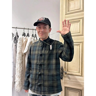陈冠希同款唐装格纹外套男中国风盘扣羊毛长袖衬衫休闲立领夹克潮