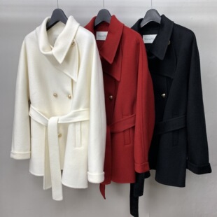 小个子黑白红色千金风斗篷式金属扣中长款双面羊毛呢大衣外套25冬