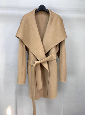 中长款驼色M家Rienza大翻领系带珠边秋冬气质风女双面羊毛呢大衣