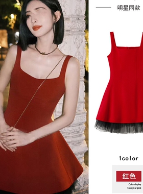孟子义同款法式气质红色吊带连衣裙女2025感纯欲辣妹度假旅游短裙
