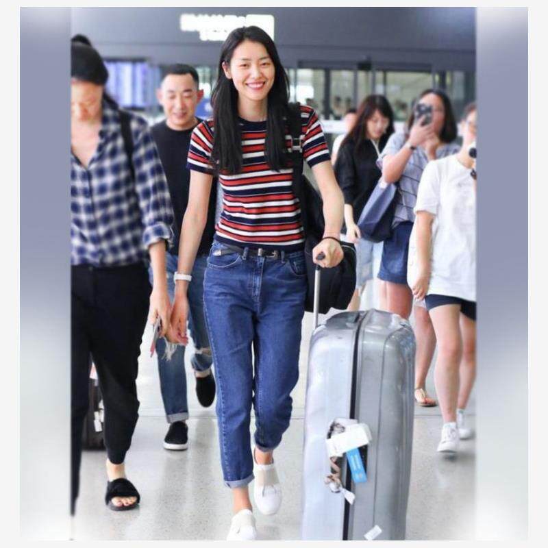 欧美明星刘雯同款彩条拼