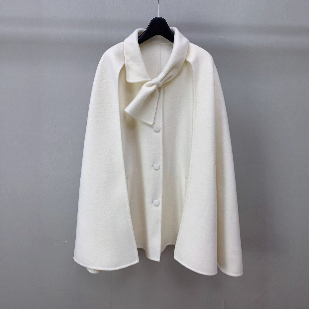 白色千金风蝴蝶结斗篷双面羊毛呢大衣中长款淑女新中式外套秋冬新