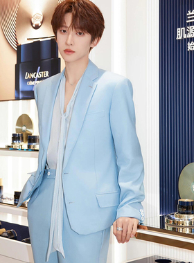 刘宇明星同款浅蓝色西服外套修身气质男士清新脱俗垫肩西装潮