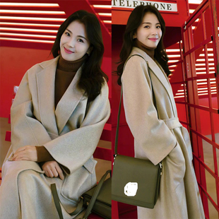 刘涛明星同款双面呢大衣女中长款宽松浴袍款羊绒大衣系带高级外套