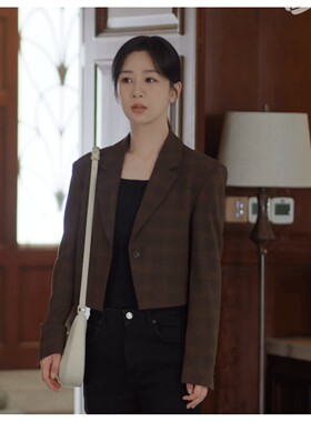 尚品承欢记杨紫麦承欢同款衣服小个子一粒扣短西装格子外套黑色牛