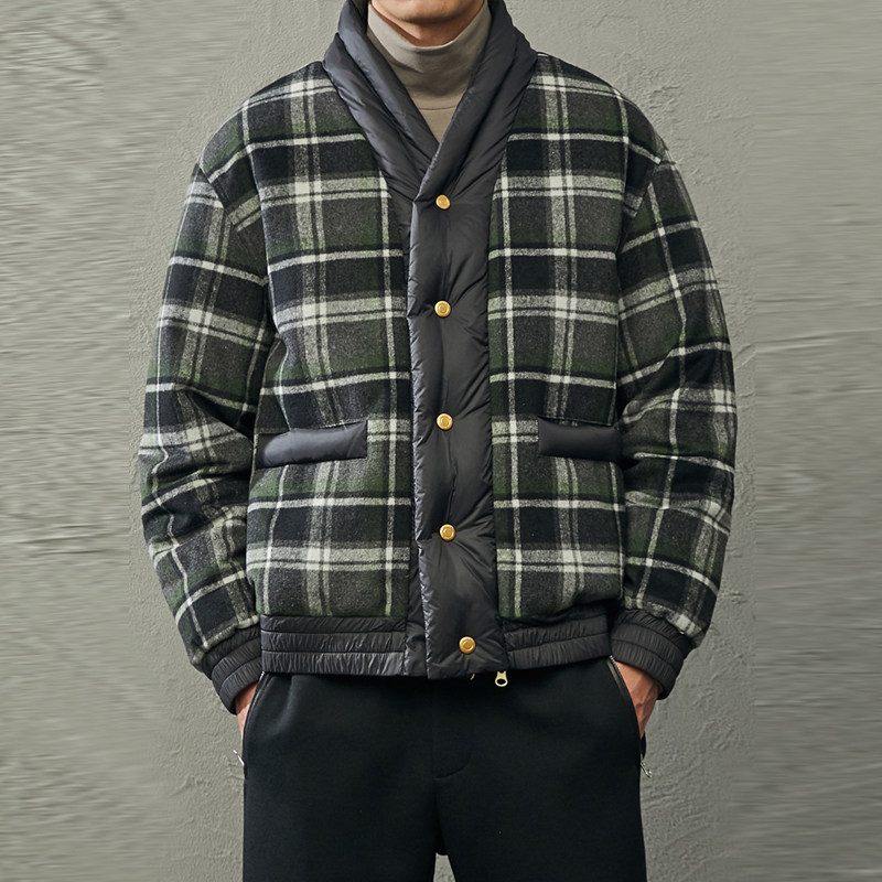 UOE日式和服领男士秋冬季保暖抗寒加厚羊毛呢面料短款羽绒服外套